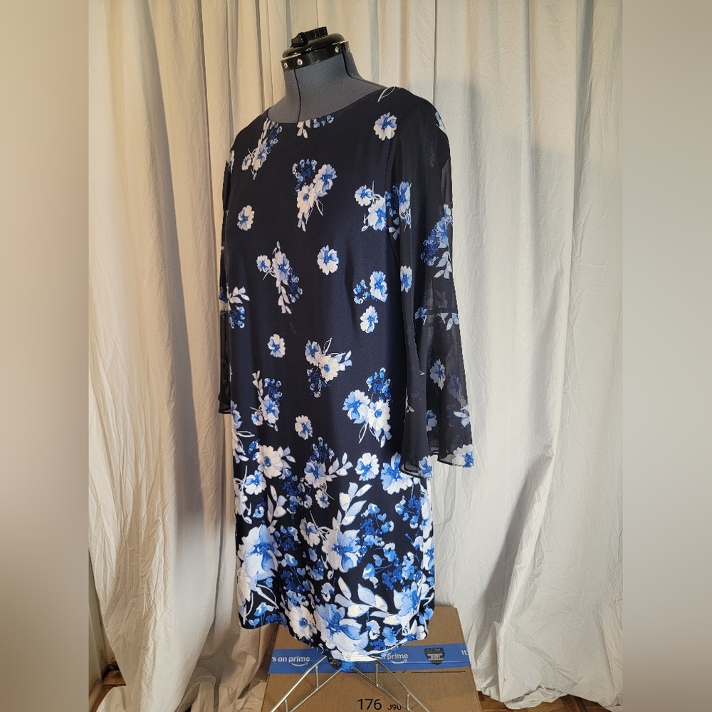 Floral Blue and White Dress With Sheer Flounced Sleeves